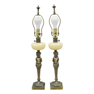 Vintage French Renaissance Brass Cherub Putti Column Cream Glass Table Lamp Pair For Sale