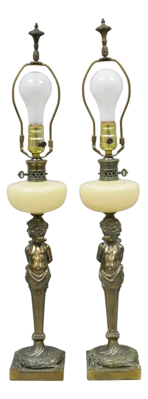 Vintage French Renaissance Brass Cherub Putti Column Cream Glass Table Lamp Pair