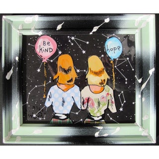 Best Wishes by Louis Recchia | Acrylic & Collage on Plexiglass Two girls holding balloons with messages. For Sale