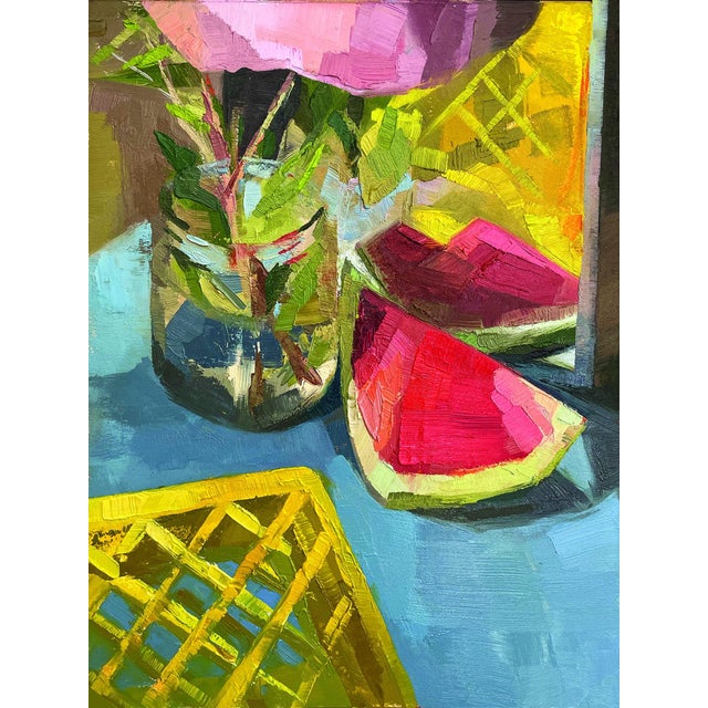 Watermelon by Yana Beylinson | Oil on Paper, mounted on board Still life with watermelon and flowers For Sale