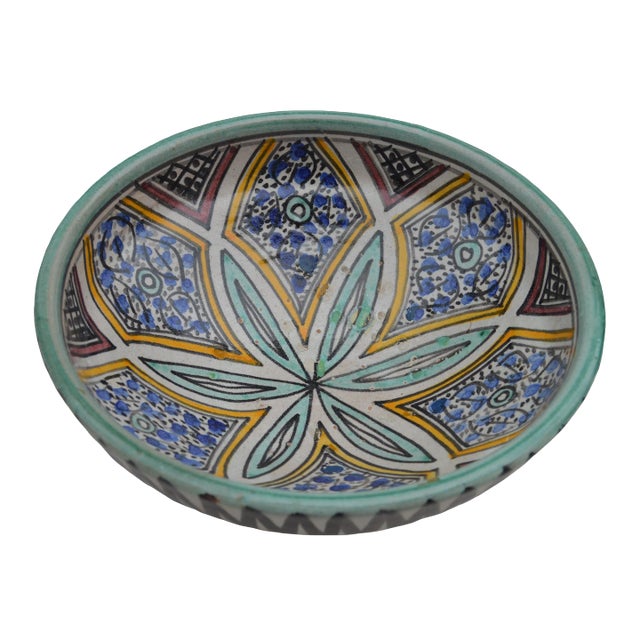 Vintage Orange & Teal Moorish Floral Ceramic Bowl For Sale