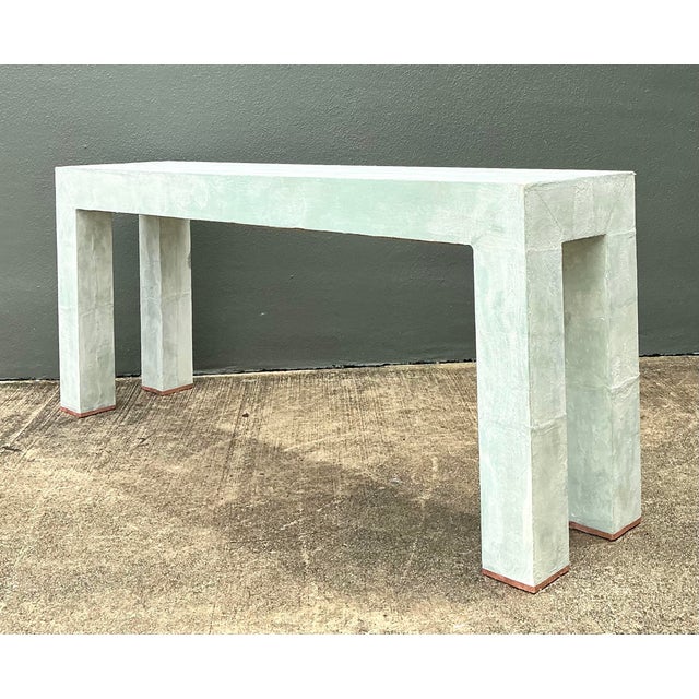 Contemporary Vintage Linen Buon Fresco Faux Finished Console Table in Venetian Green For Sale - Image 3 of 12