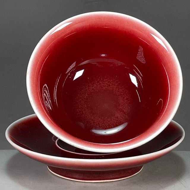 1990s Langyao Red Porcelain Gaiwan Tea Set, Ox‑Blood Red Glaze Teacup With Lid & Saucer For Sale - Image 4 of 9