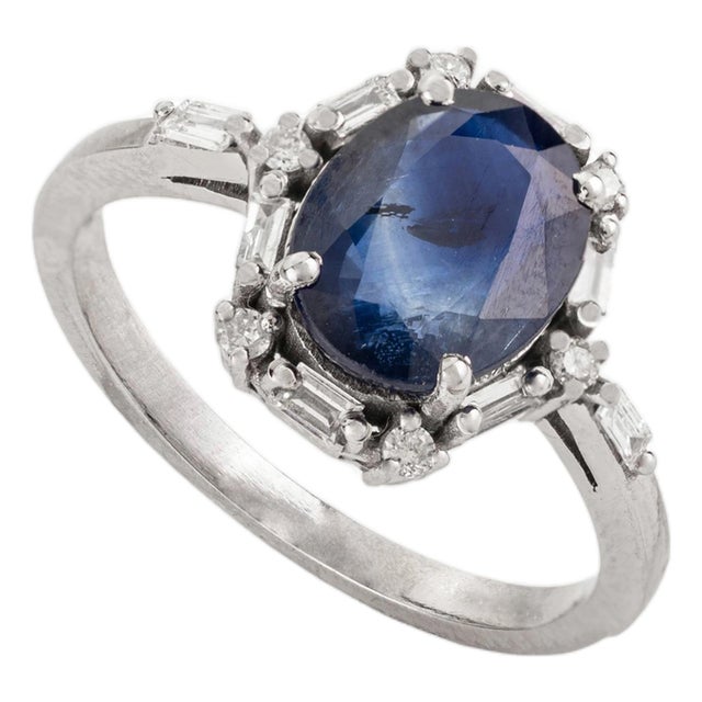 Victorian Style 2Ct Oval Blue Sapphire & Diamond Ring Size 5.5 in 14k Gold For Sale
