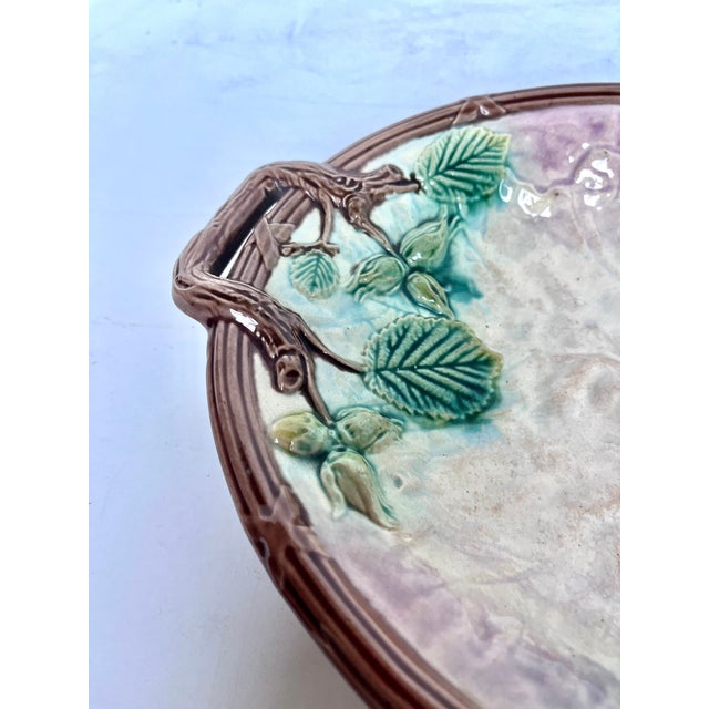 Majolica Antique French Majolica Hand Painted Double Handle Plate For Sale - Image 4 of 12