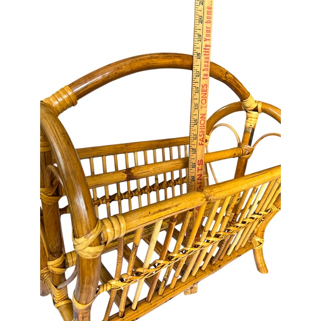 Wood 1970s Large Mid-Century Bamboo Bentwood Rattan and Leather Magazine Rack For Sale - Image 7 of 9