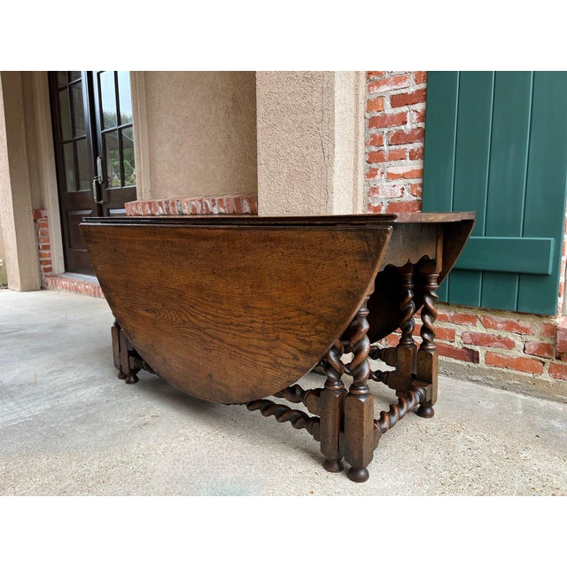 Antique English Wake Dining Table Drop Leaf Barley Twist Jacobean Oak Console For Sale - Image 4 of 18