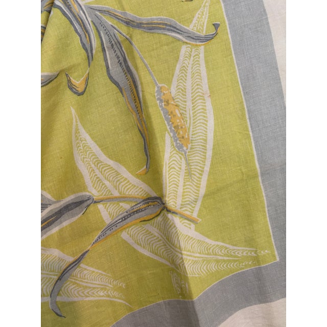 Vintage botanical tablecloth | 51” x 51” Pistachio ground with gray and ivory leaf pattern. Soft color. Graphic movement....