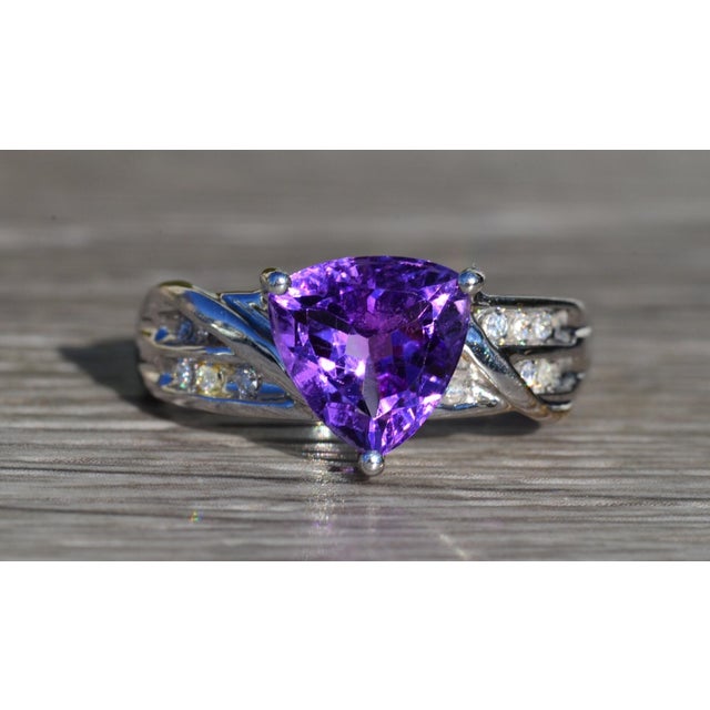 Silver The Eldridge: Ladies 14K Trilliant Cut Amethyst and Diamond Cocktail Ring For Sale - Image 8 of 10