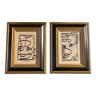 Contemporary 2 Original Wayne Cunningham Abstract Marker Drawings Framed-A Pair For Sale