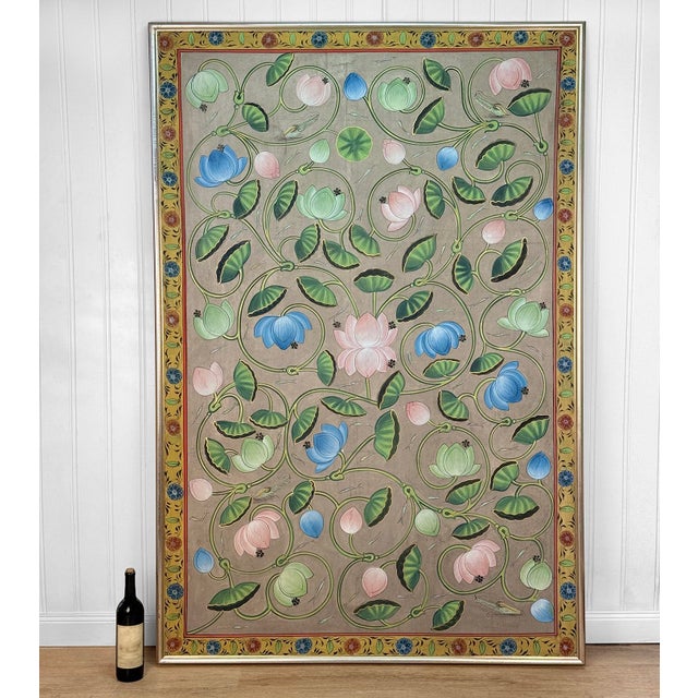A 1950's Kamal Talai "Lotus Pond" Indian Folk Panel Monumental Sized 48" wide x 72" tall Hand Painted in Nathdwara,...