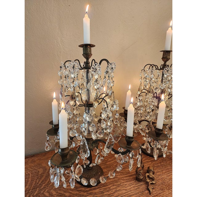 Exquisite Pair of Vintage Crystal Girandole Candelabra 5 Light Mantel Garnitures For Sale - Image 4 of 18