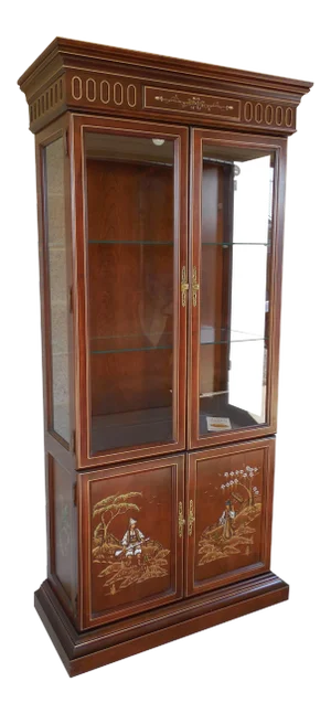 Jasper Cabinet Chinoiserie Hand Paint Decorated 4 Door Lighted Curio Cabinet