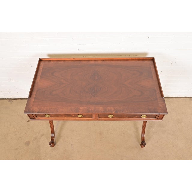 Baker Furniture English Regency Burled Walnut Writing Desk or Console Table, Newly Refinished For Sale - Image 9 of 12