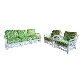 All Original 1960s Rattan Lattice White 3-Piece Sofa Set in the Style of Ficks Reed For Sale