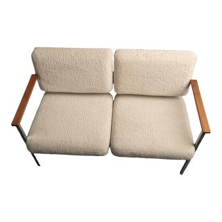 1960s Hans Wegner Style Loveseat in Chrome + Faux Sheepskin Lambswool Boucle For Sale