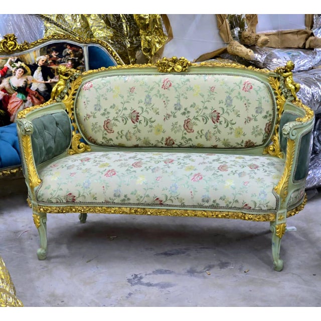 French French Louis XV Romantic Sofa With Floral Damask Upholstery, Sage Green Velvet Panels, Cherubs & Hand-Gilded Gold Leaf Frame For Sale - Image 3 of 4