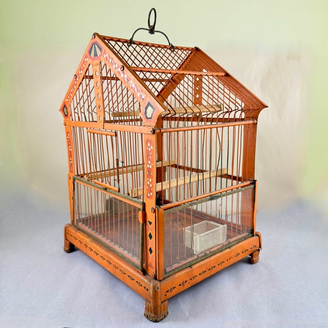 1900 - 1909 Art Deco Orange Japanned Metal Bird Cage, Hand-Painted, Circa 1900-1920 For Sale - Image 5 of 18