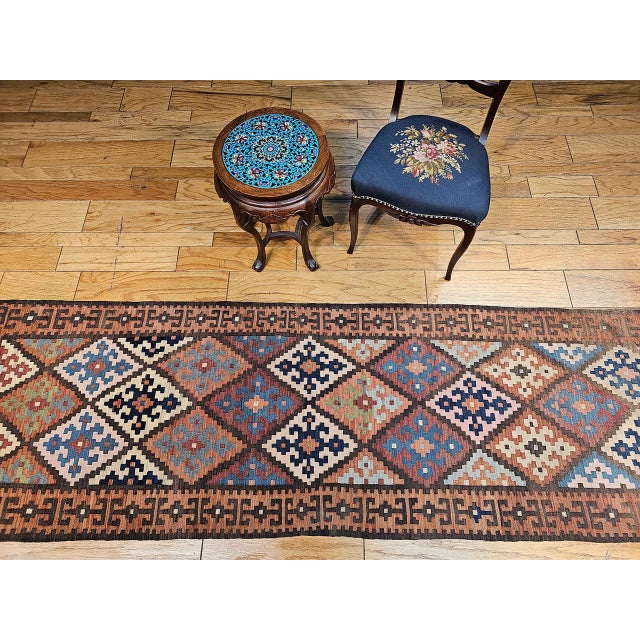 Mid 20th Century Antique Persian Varamin Kilim Runner, Handwoven Wool, Caucasian Geometric Pattern, 3x12 For Sale - Image 5 of 17