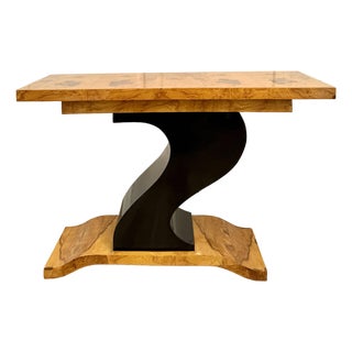 Art Deco Revival Burlwood Console Table With Sculptural Curved Base For Sale