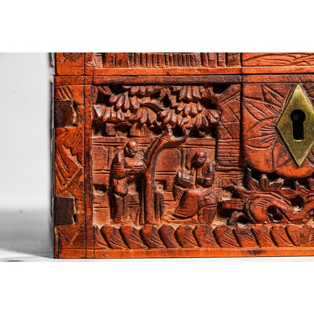 Hand Carved Village Scene Box Antique Chinese Wood Box 19th Century Decorative Chinoiserie Asian Oriental Home Decor For Sale - Image 4 of 13