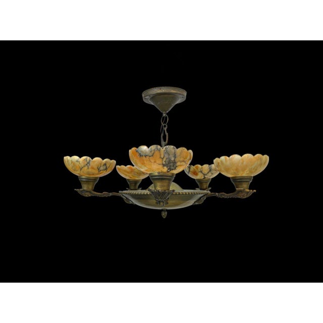 Art Deco Brass and Alabaster Pendant Chandelier, 1930s For Sale - Image 11 of 12