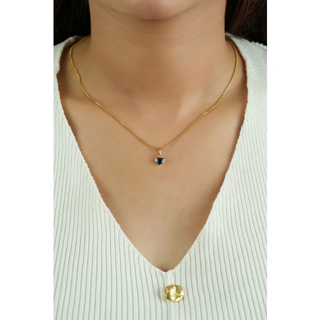 Heart-Shaped Blue Sapphire Bezel Set Solitaire Pendant in 14k Yellow Gold For Sale - Image 9 of 14