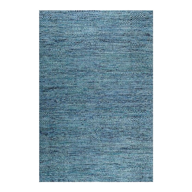 8x10 Blue Hand-Knotted Silk Woven Horizon Solid Open Field Modern Carpet Rug For Sale