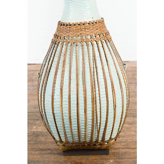 Large Vintage Chinese Woven Rattan Basket of Teal and Natural Color on Base For Sale - Image 12 of 13