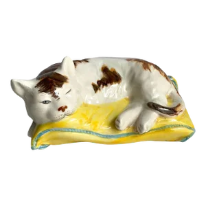 Mid Century 1960s Italian Calico Cat Sleeping on Pillow Ceramic Made in Italy