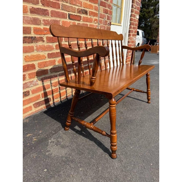 Brown Vintage Early American Colonial Windsor Style Spindle Back Bench For Sale - Image 8 of 15