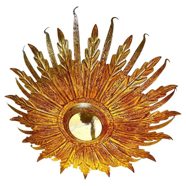 Large Spanish Sunburst Flush Mount in Gilt Metal with Support, 1950 For Sale - Image 10 of 10