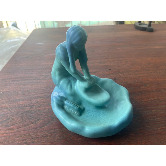 Van Briggle Art Deco Van Briggle Pottery Ming Blue Native American Indian Girl Grinding Corn Maize Sculpture For Sale - Image 4 of 5