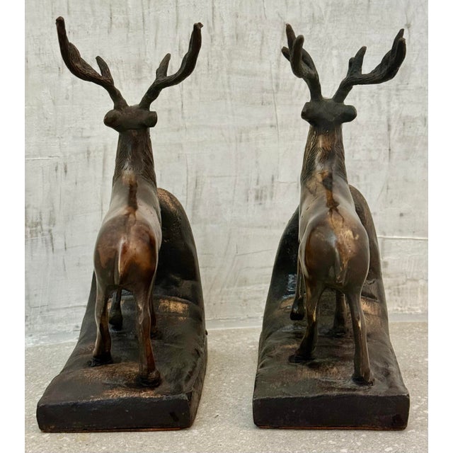 Vintage 'Ralph Lauren Style' Sculptural Bronze-Clad Cast Iron Elk, Stag, Deer With Antlers Bookends- A Pair For Sale - Image 4 of 12