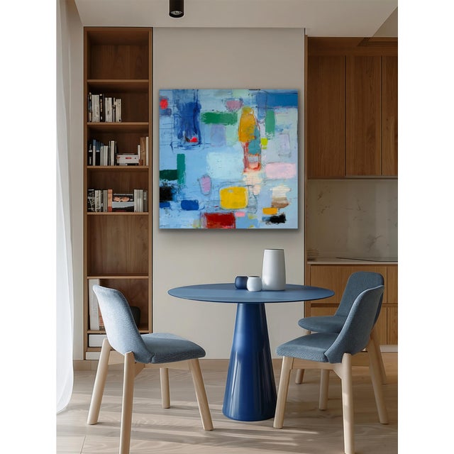 This original 48" x 48" acrylic painting presents an energetic expressionist composition with bold geometric color...