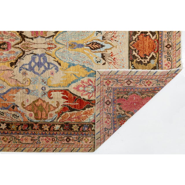 Abstract 8x10 Vibrant Modern Bidjar Style Abstract Floral Wool Area Rug in Beige For Sale - Image 3 of 11