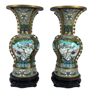 Chinese Jingfa Blue & Gold 'Dragon Back' Cloisonne Beaker Form Vases With Auspicious Cranes & Lotus - A Pair on Wood Stands For Sale