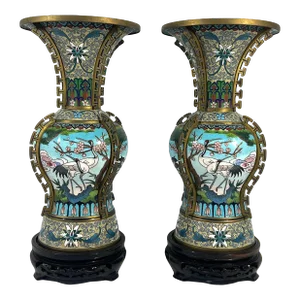 Chinese Jingfa Blue White 'Dragon Back' Cloisonne Beaker Form Vases With Auspicious Cranes & Lotus - A Pair on Wood Stands