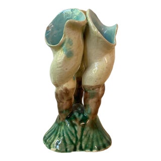 Antique English Majolica Triple Shell Vase For Sale