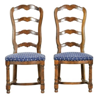 Century Furniture French Country Carved Solid Oak Ladder Back Side Chairs or Dining Chairs, Pair For Sale