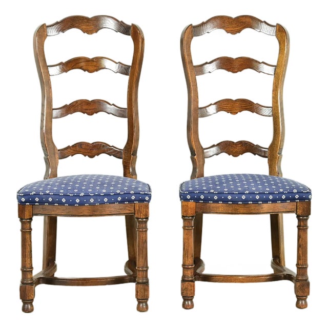 Century Furniture French Country Carved Solid Oak Ladder Back Side Chairs or Dining Chairs, Pair For Sale