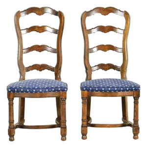 Century Furniture French Country Carved Solid Oak Ladder Back Side Chairs or Dining Chairs, Pair