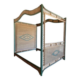 Vintage Boho Chic Woven Rattan Wicker Queen Size Canopy Bed For Sale