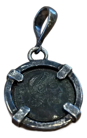 Antique Pendant W Roman Coin & Four Prong Silver Setting