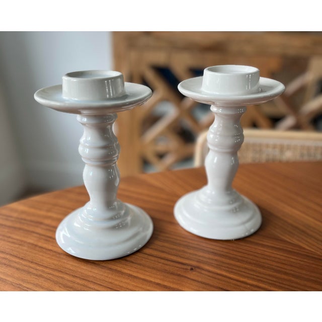 Mediterranean 1970s White Ceramic Candle Holders-a Pair For Sale - Image 3 of 11