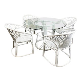 Round Wicker and Rattan Woven Outdoor Patio Dining Set With Glass Top - Seats 4 For Sale
