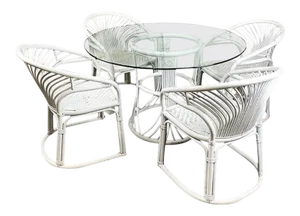 Round Wicker and Rattan Woven Outdoor Patio Dining Set With Glass Top - Seats 4