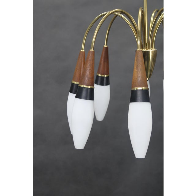 Metal Brass and Teak Opaline Glass Chandelier by Rupert Nikoll, Austria, 1960s For Sale - Image 7 of 8