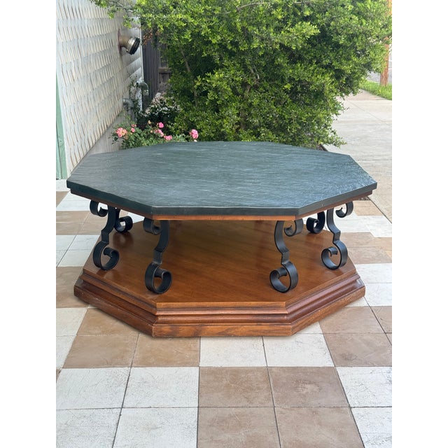 Mid-Century Modern Vintage C. 1969 Mid Century Modern Spanish Revival Octagonal Slate Top & Iron Coffee Table For Sale - Image 3 of 10