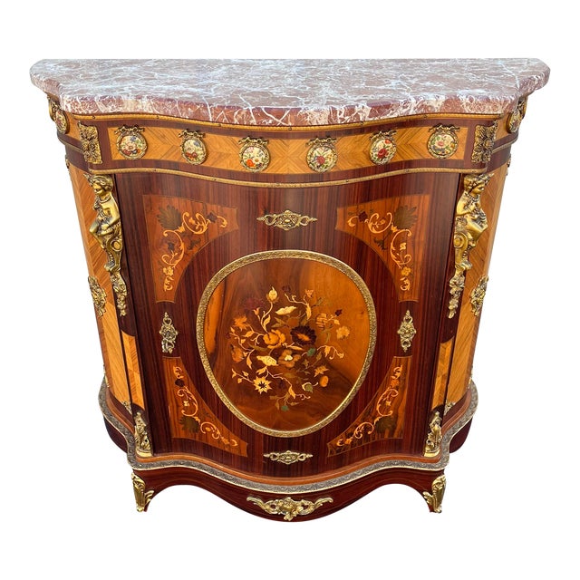 Louis XV Satinwood Marquetry Console Cabinet- Marble, Brass Ormolu, & Porcelain Medallions For Sale